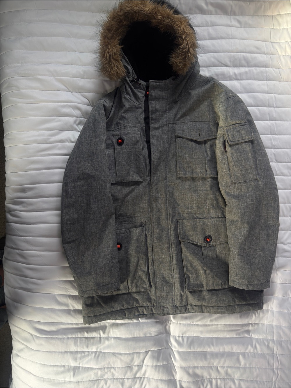 Men's Grey Hooded Parka Jacket with Faux-Fur Trim